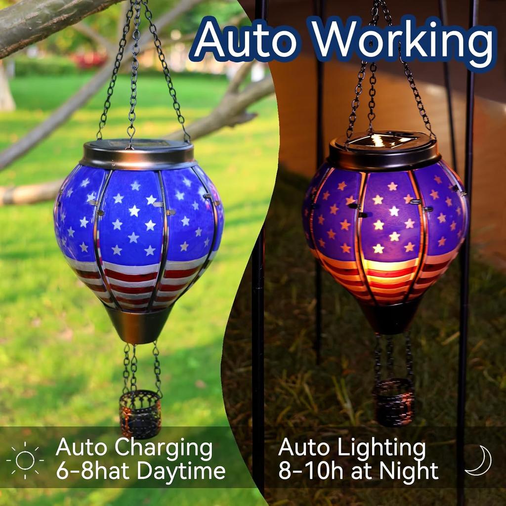 Hot Air Balloon Solar Lantern with Flickering Flame, Waterproof Outdoor Hanging Light for Garden Patio Yard Decor