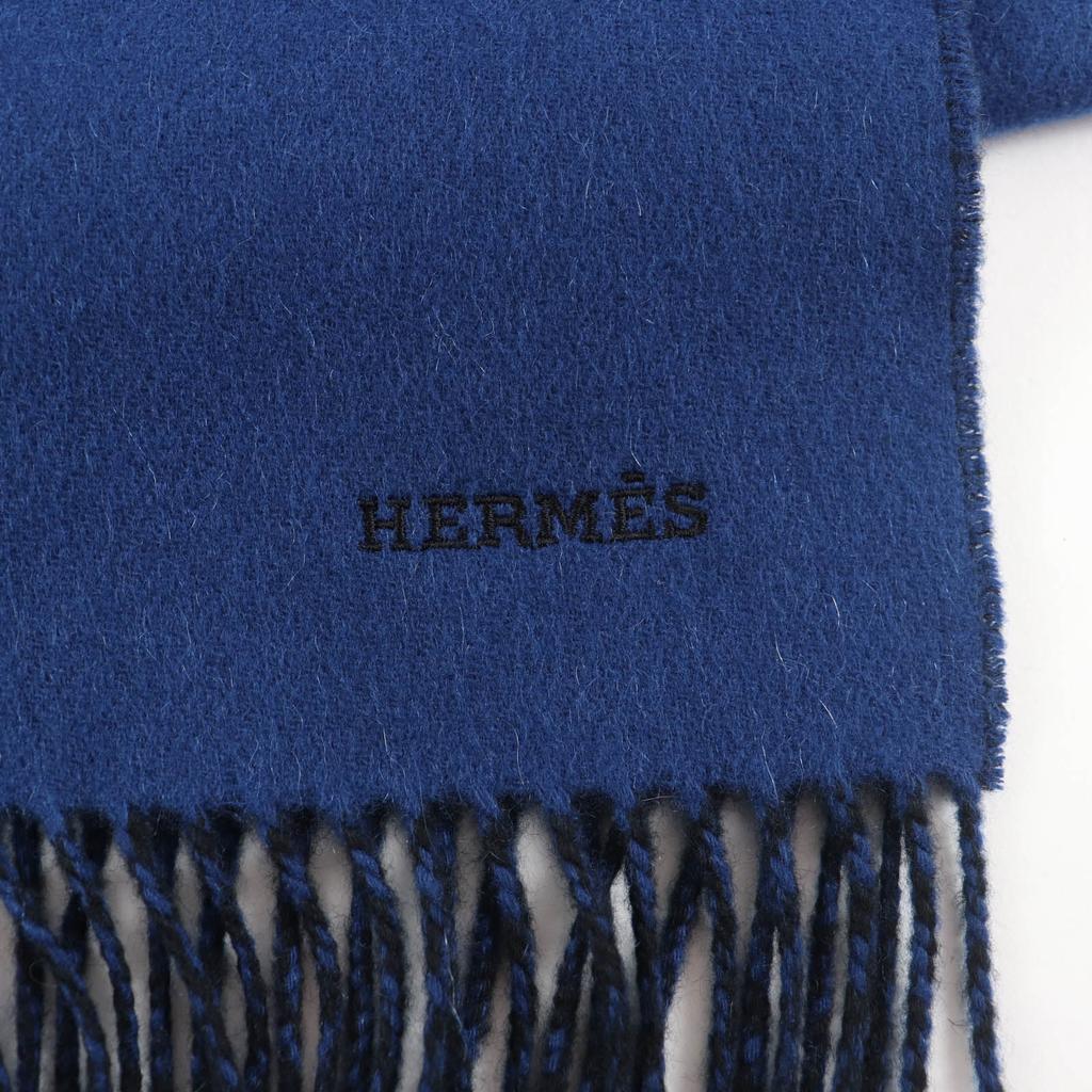 Great HERMES Scarf Recto Verso Embroidered logo and fringe scarf cashmere mens Used