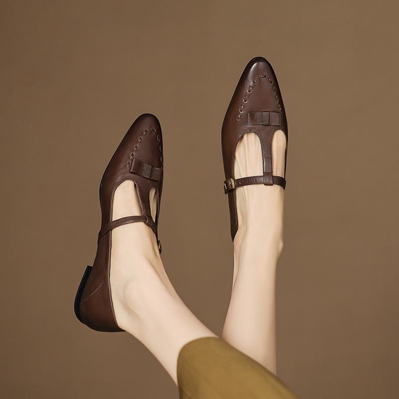 Fashion Women's new British Spring and Autumn leather cowhide metal belt buckle round toe low heeled Mary Jane shoes retro work shoes