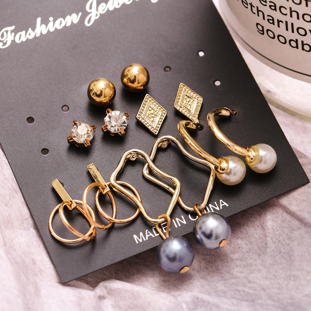 6 pairs Fashion Geometric Irregular Metal Pearl Pendant Earrings