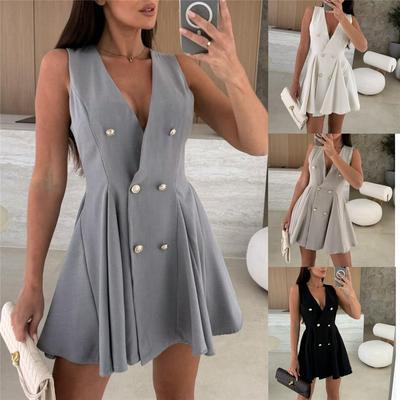 Summer New Solid Colour Double-breasted V-neck Sleeveless Suit Waist Dresses for Women
