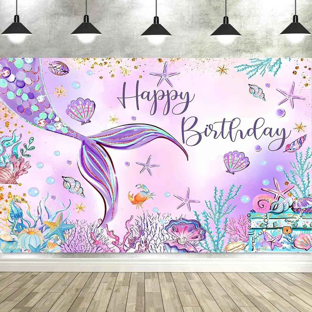 Mermaid Under The Sea Birthday Backdrop – Princess Theme For Girl'S Baby Shower & Party, Photography Banner Decor-Tapestry