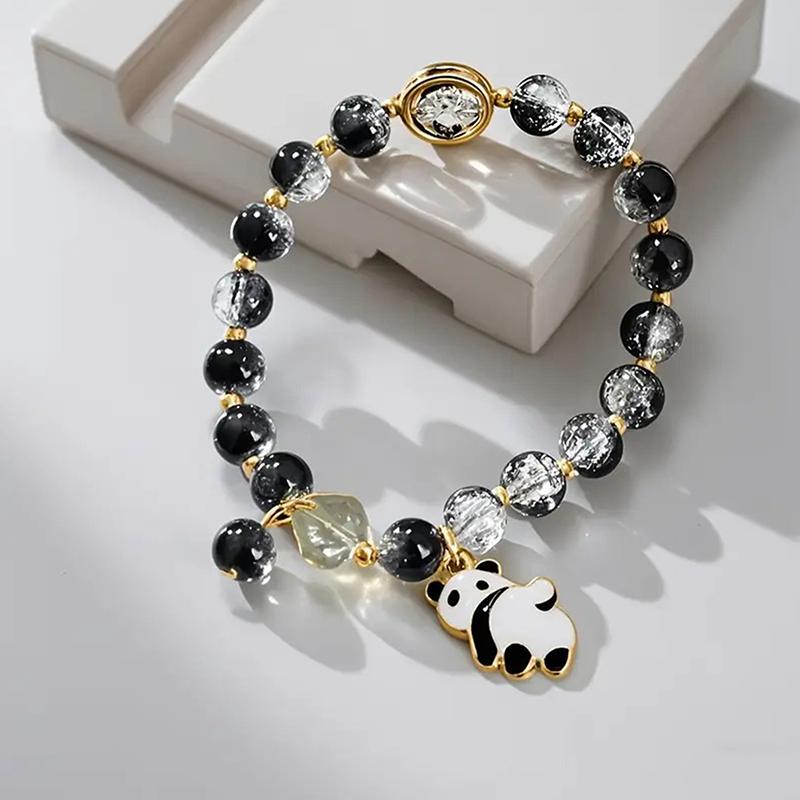 

1 Piece Of Handmade Ethnic Cute Panda Bracelet With Black And White Panda Charm, Beads And Gold Spacers - Unique Fashion Jewelry B
