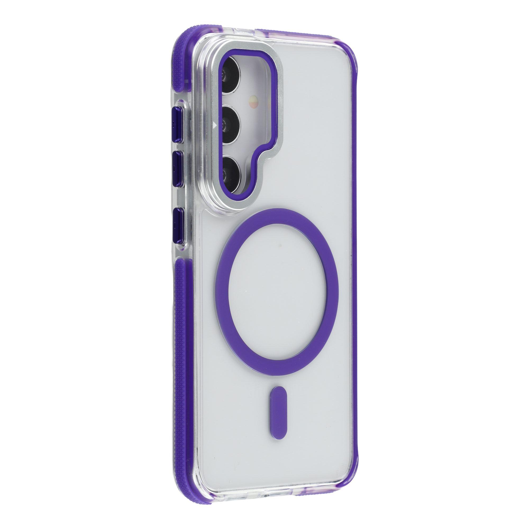 

For Samsung Galaxy S25+/S24+ Magnetic Case TPU Acrylic Clear Phone Back Cover with Lens Protector Kickstand Purple