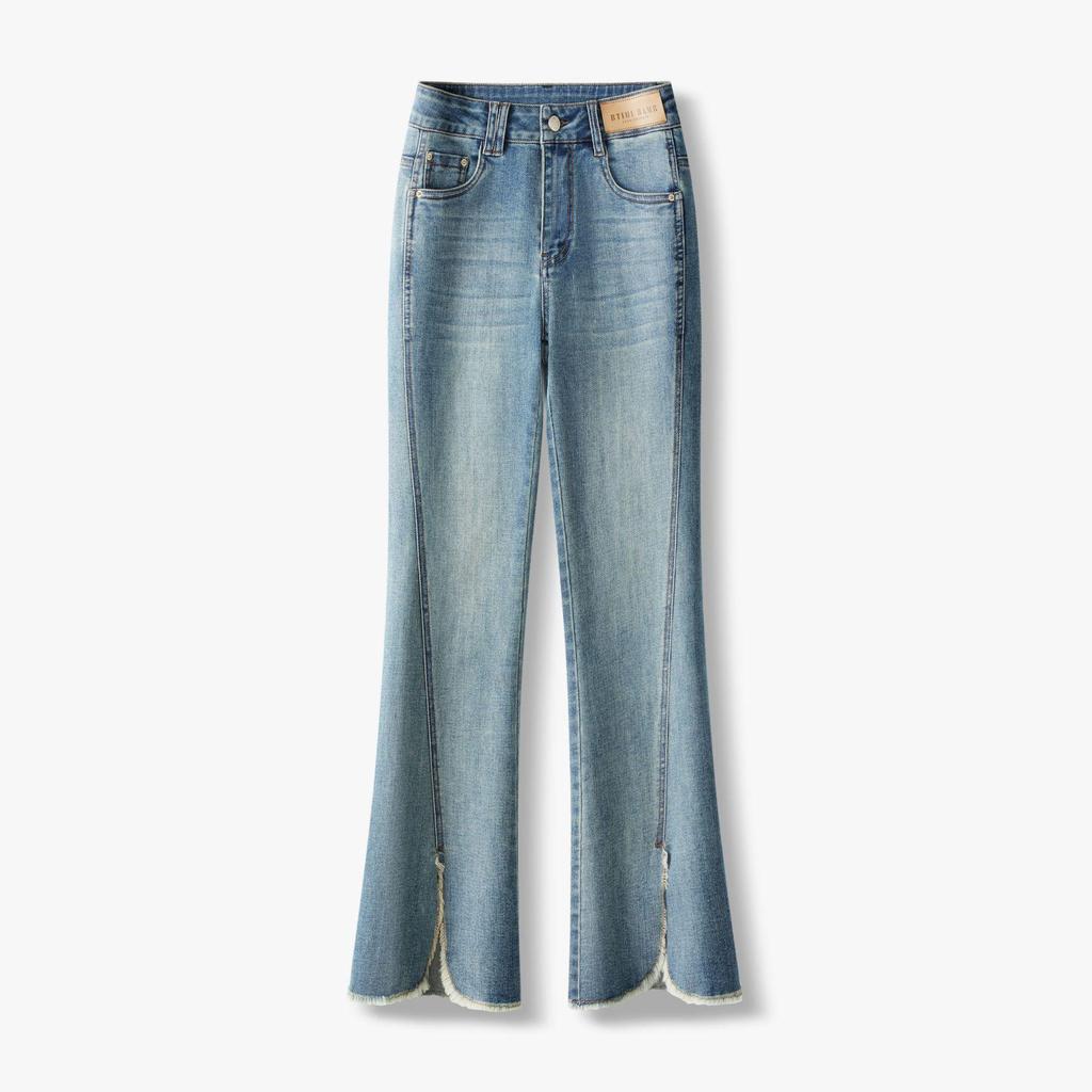 Women's Light Blue Frayed Micro-Flare High-Waisted Jeans for Spring/Autumn 2026 - Slimming Slit Flare Pants