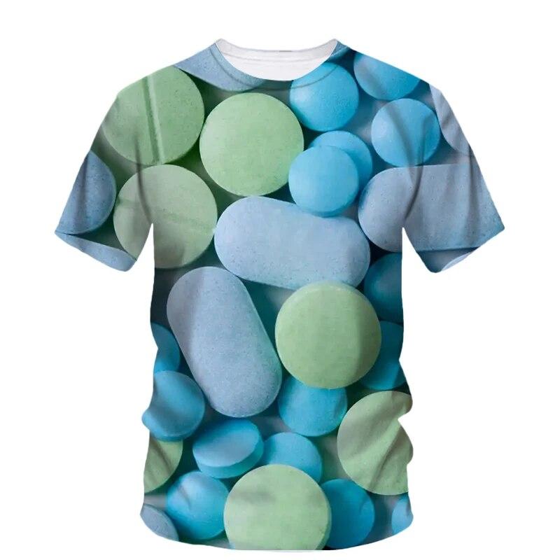 Modne nowe, oryginalność Pill Graphic T-shirty dla mężczyzn Casual Artystyczny trend osobowości Zabawne drukowane koszulki z krótkim rękawem i okrągłym dekoltem