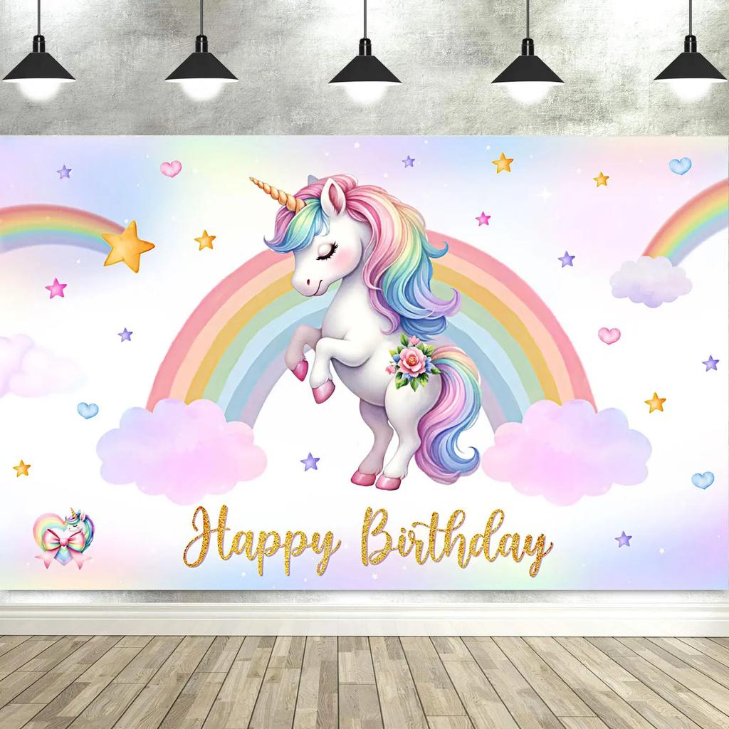 Unicorn Birthday Backdrop for Girls – Rainbow Glitter, Stars & Dots, Happy Birthday Banner & Photo Booth Props-Tapestry