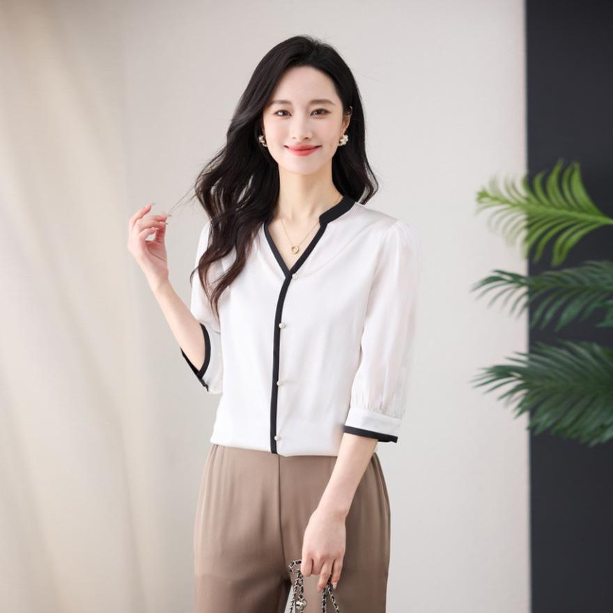 

Темпераментная Модная Блузка с V-образным вырезом из тонкого шелка тутового дерева, с рукавом средней длины, женская летняя повседневная универсальная шелковая футболка-пуловер XXXL белый