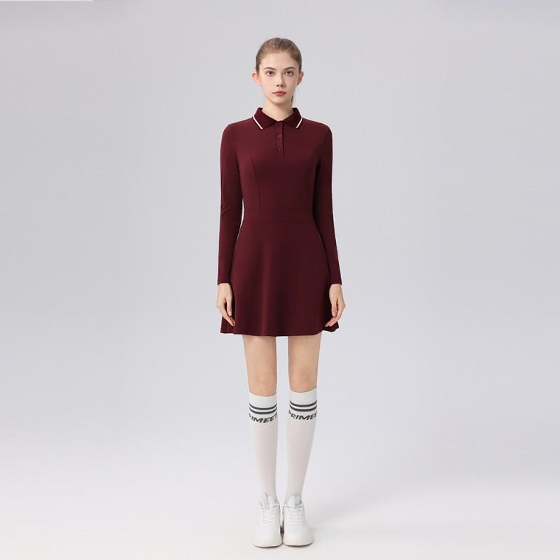 Womens Tennis Dress Long Sleeve Polo Neck Slim Fit With Side Pockets Athletic Fall Winter