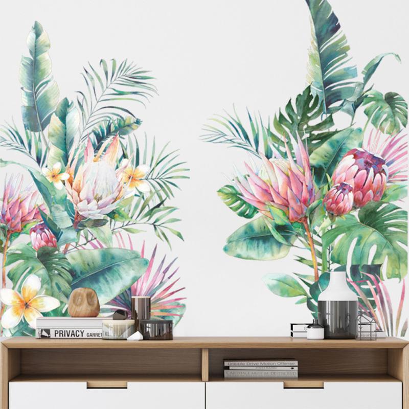 2pcs Wall Stickers Self-adhesive Tropical Leaves Flowers Bedroom Living Room Decoration Wall Paper
