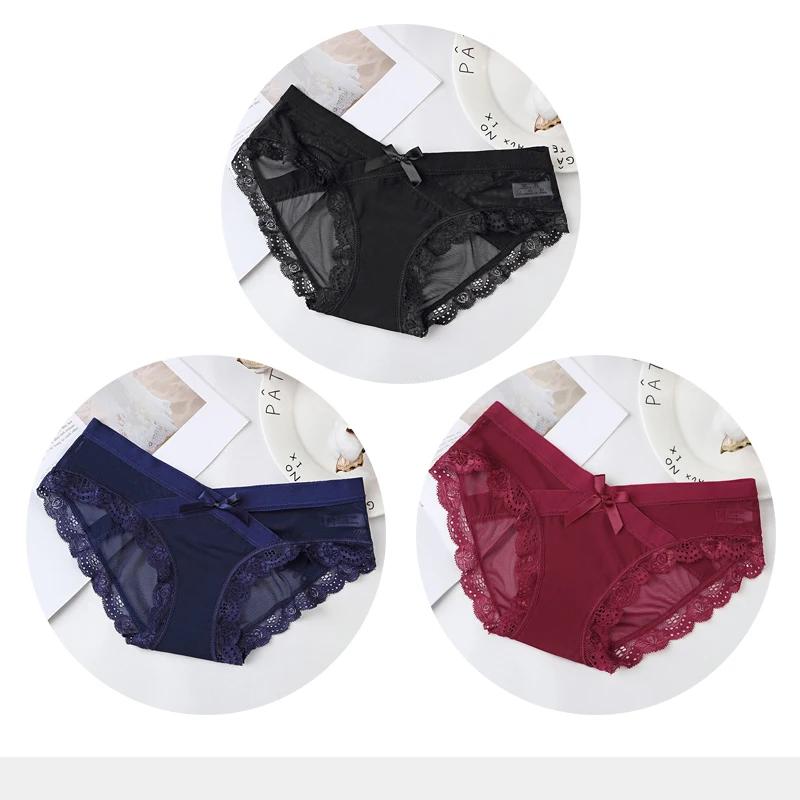 Women's Sexy Panties Transparent Mesh Breathable Briefs Underwear Low-Rise Bow Floral Panty for Lady Girl 3 Pcs/set