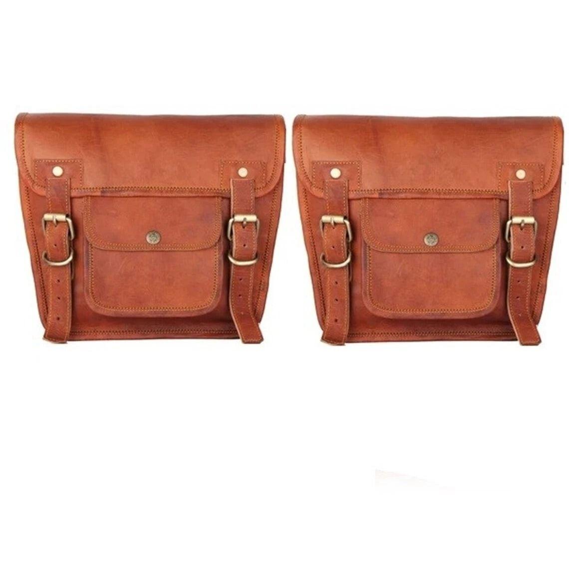 

2 Side Pouch Motorcycle Brown Leather Saddle Panniers Saddlebags Bag New Handmade 11 x 9 x3 in
