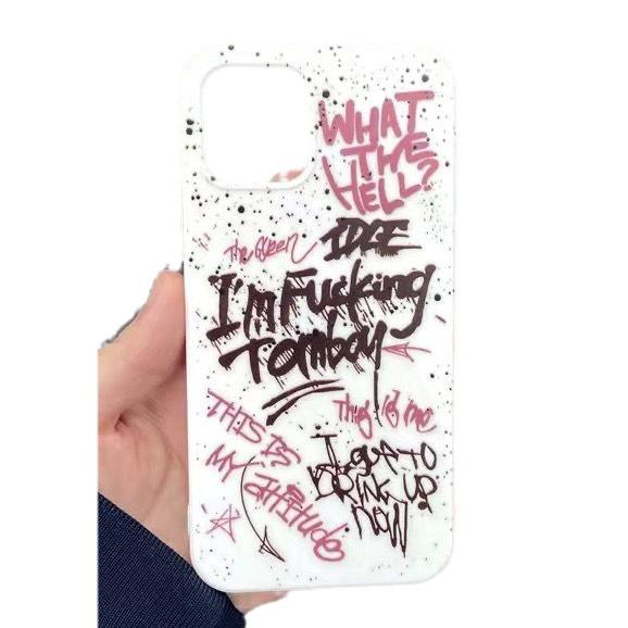 Graffiti anglický měkký obal pro iPhone 11/12/13/14 Pro/15 Pro Max v bílé barvě