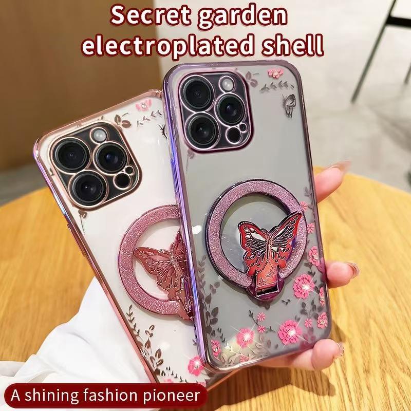 Applicable To Apple 16pro Secret Garden Mobile Phone Case Butterfly Glitter Powder Stand IPHONE15 Transparent Protective Case I14