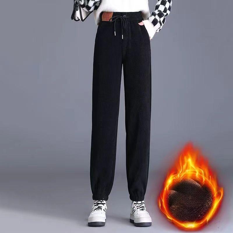 Dámská podzimní a zimní móda Elegantní jednobarevné elastické pasové kapsy Stahovací šňůrka Plyšové zahuštěné Dlouhé volné harlanové ležérní kalhoty