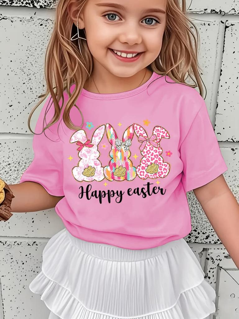 Happy Easter Shirt Kawaii Trio Bunny Kids Tees Colorful Rabbit Outfit Glitter Effect Top Toddler Spring Gift Pastel Girl Clothes