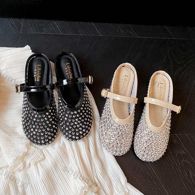 Fashion Women's Shoes 2025 Summer Size 43 Rhinestone Sandals Comfortable Buckle Strap Flats Lightweight Hollow Breathable Slippers