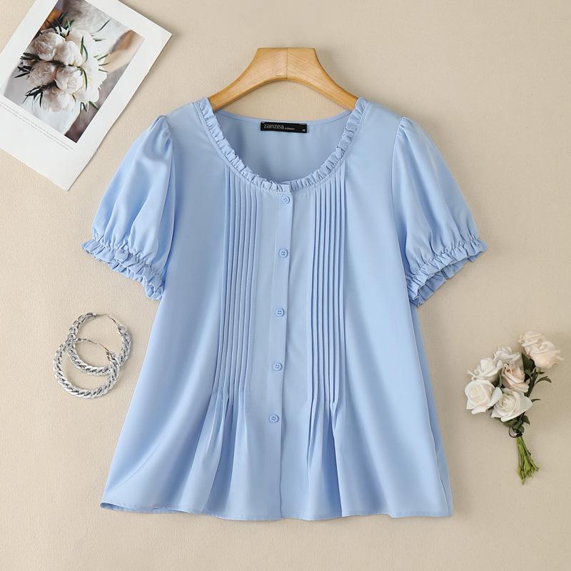 ZANZEA Women Casual Round Neck Solid Color Short Sleeve Blouse S