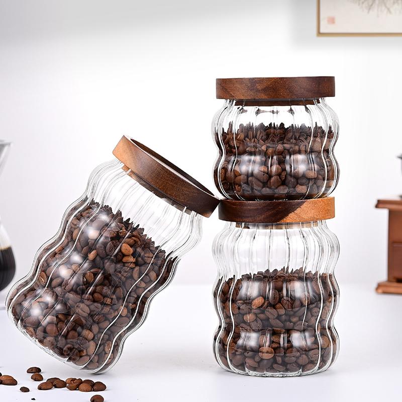 Kitchen High Borosilicate Glass Sealed jar Canister Glass Container Wood Lid Food Storage Jar Coffee Bean Wheaten Grain Oat Can