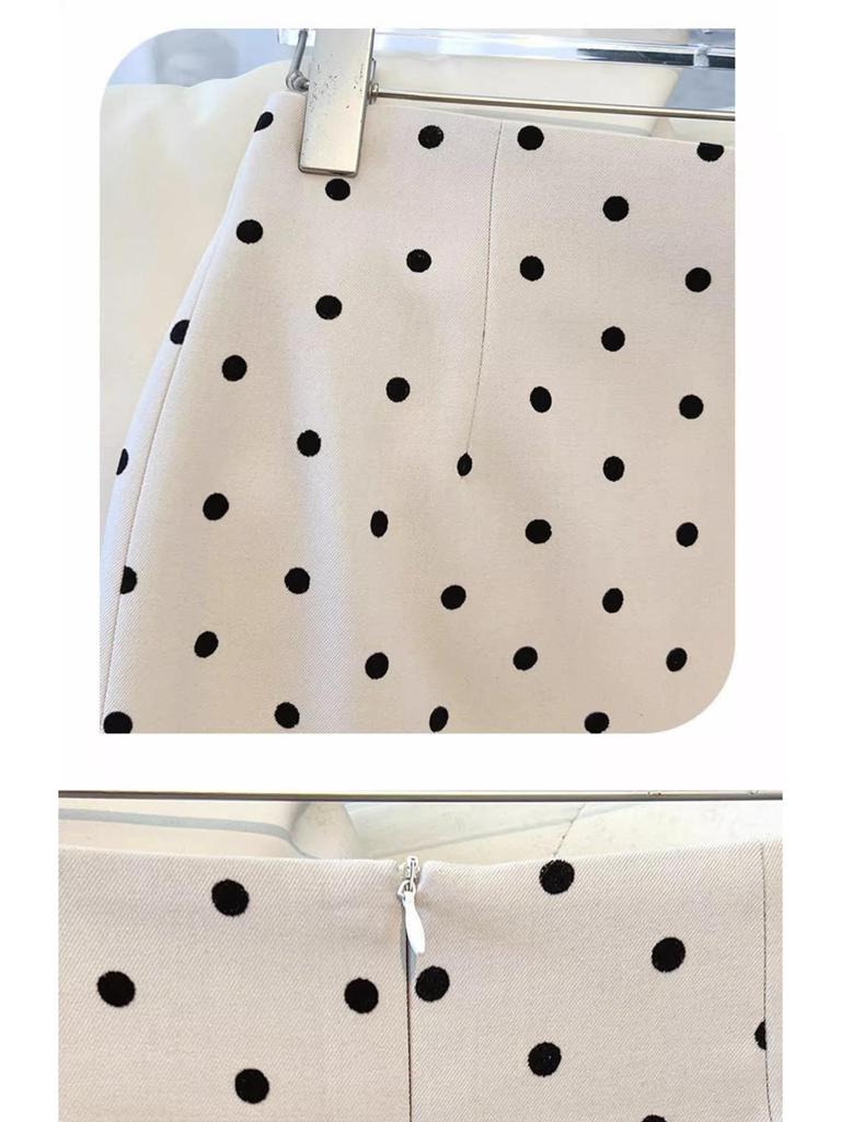 Damen-Polka-Dot-Rock mit hohem Bund und schmaler Passform - Frühling & Herbst 2025, Französische Eleganz, Hüftbetont, Halblang mit Schlitz