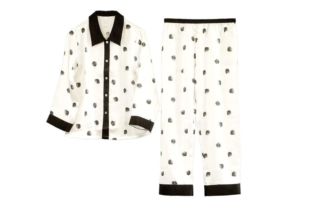 Silk Pajamas Retro Shirt White Black Dot Flower Long Sleeve Top and Bottom Set [SMR] Women's (L)