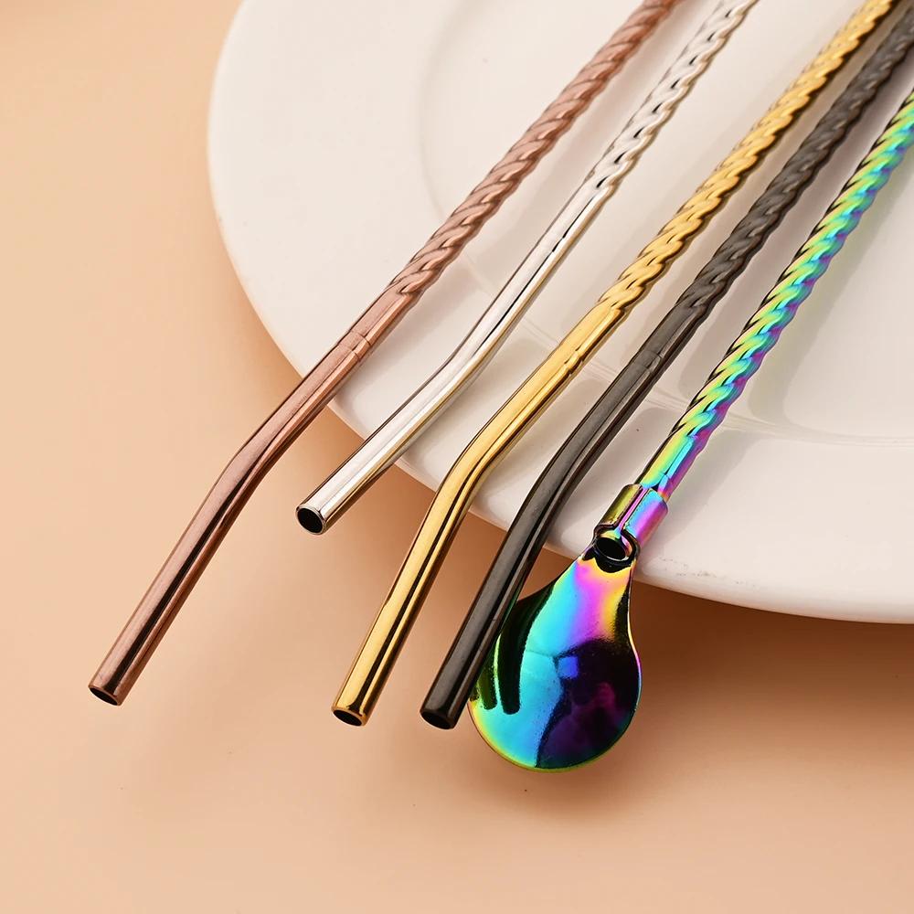 6Pcs Reusable Straw Spoon Tableware Stainless Steel Metal Straw Cocktail Drinking Straw Spoon Milk Bar Coffee Stirring Accessory