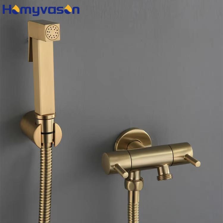 Bathroom Shower Shattaf Sprayer SS Brushed Gold Portable Toilet Water Hand Spray Bidet Gun Tap Set Brass Faucet Hot and Cold
