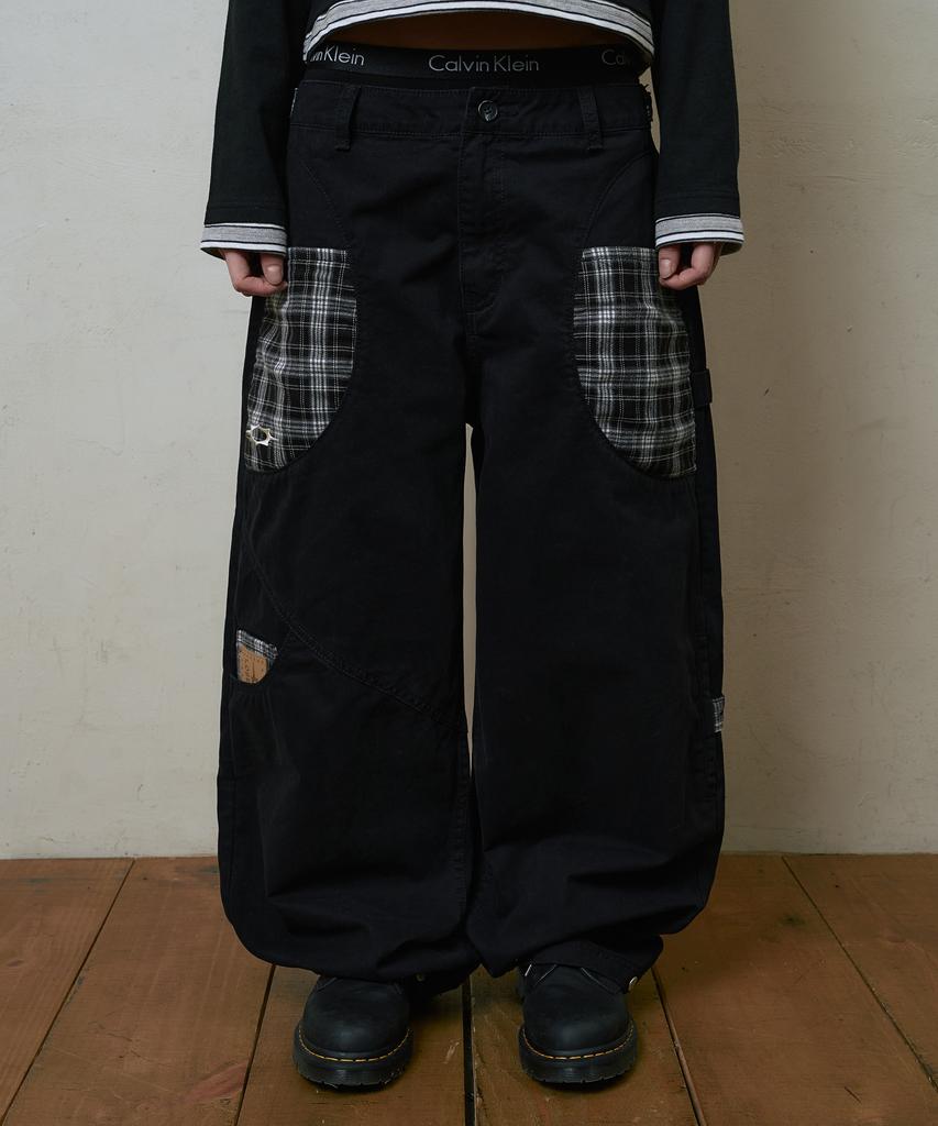 Lujeoseukeulleob Check Patch Wide Cotton Pants Black