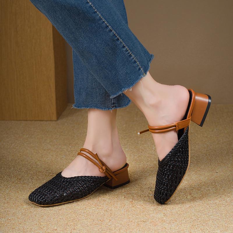 

Модные сандалии из мягкого меха, плетеные, дышащие, с новым квадратным носком, с неглубоким вырезом, плетеные баотоу, полушлепанцы для женской летней носки 35 чёрный