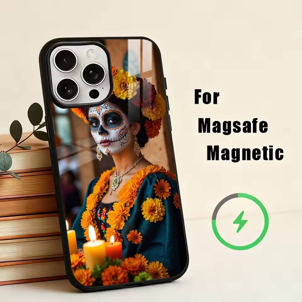 

Day of the Dead Skull Phone Case For iPhone17,16,15,14,13,12,11 Plus,Pro Magnetic For Magsafe Wireless Charging iPhone12mini