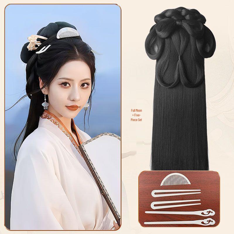 Wei Jin Headdress & Hanfu Costume Wig Set: Includes Warring States Robe, Hair Bun, Ma Mian Skirt, and Hair Accessories.