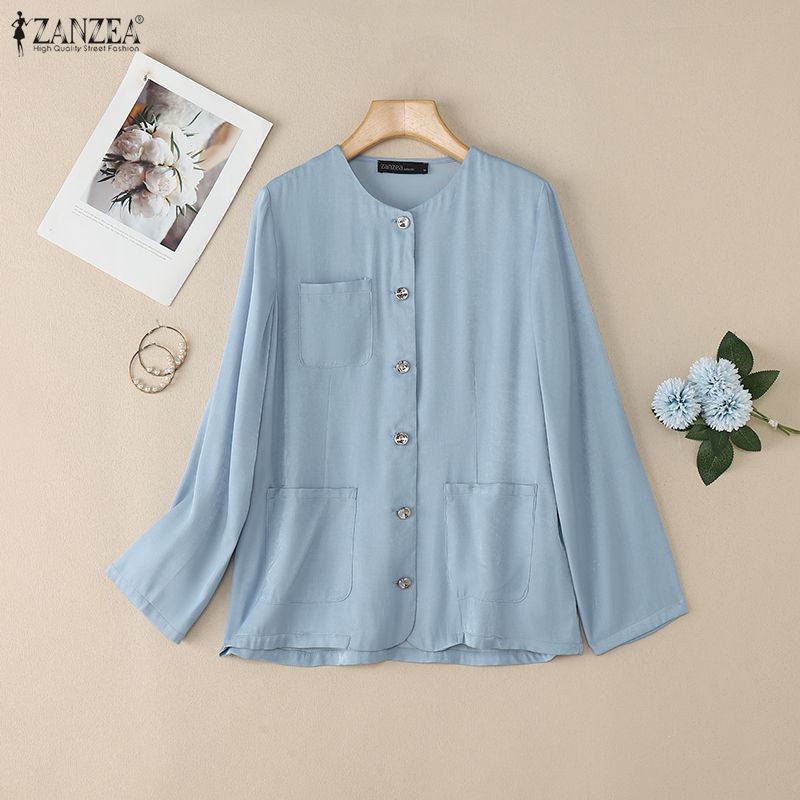 ZANZEA Women Casual Round Neck Solid Color Loose Long Sleeve Blouse