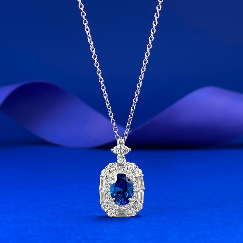 

Sapphire 6 * 8Mm Necklace Female Collarbone Chain Retro Style Pendant Female 925 Silver
