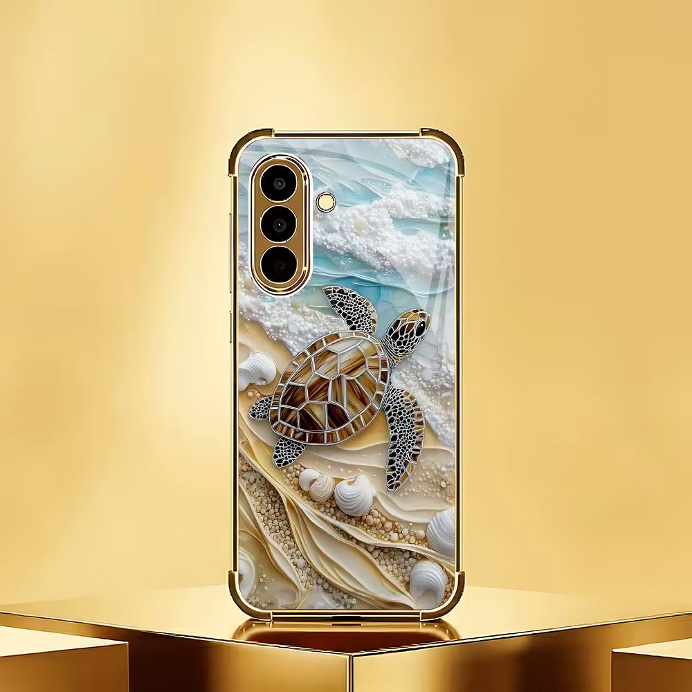 Cute Turtle Pattern Electroplated Glass Phone Case Suitable for Samsung Galaxy S26 S25 S24 S22 S21 S20 FE/Ultra/Plus Anti Drop
