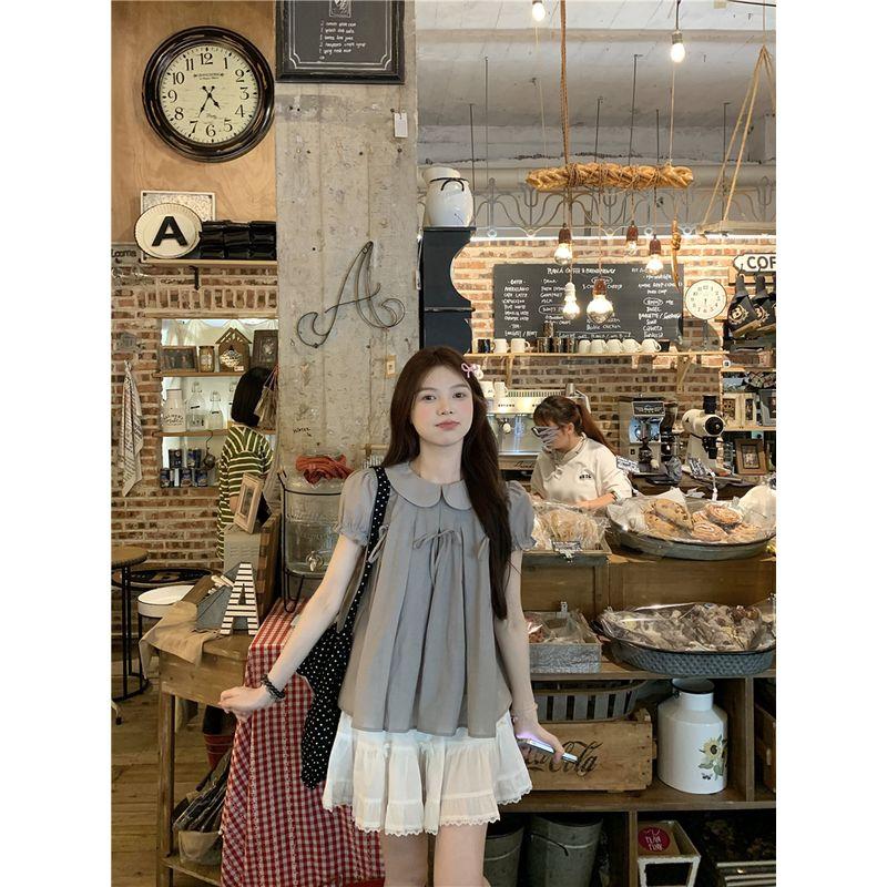 Kumikumi Sweet Style Bow Doll Collar Short sleeve Shirts Women Summer Retro Age-Reducing Loose Slimming Top