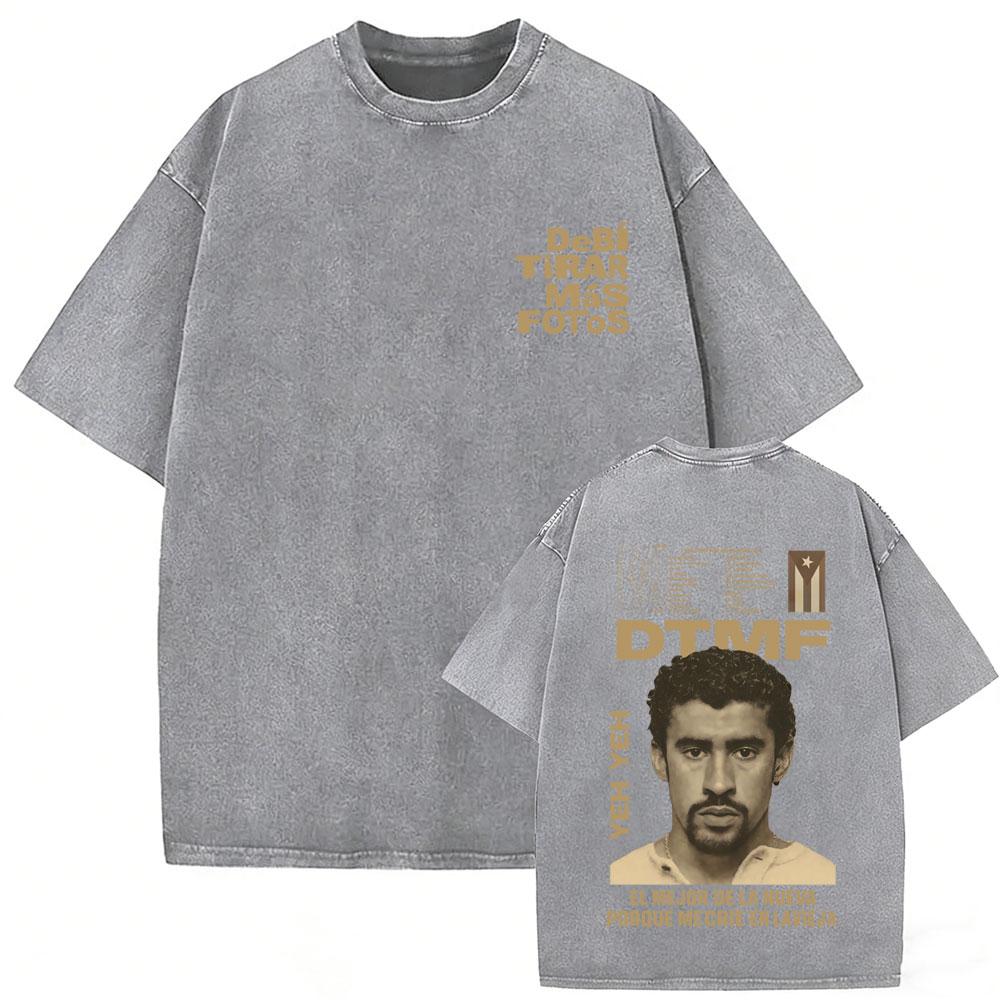 

Vintage Acid Washed Rapper Bad Bunny T Shirts Debi Tirar Mas Fotos DTMF World Tour Tshirt Mens Women Hip Hop O Collar Tshirts S