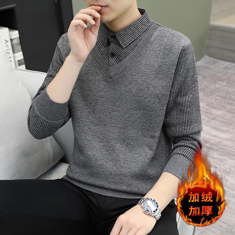 Men S Fake Two Piece Shirt Collar Fleece Striped Casual Sweater