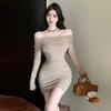 Temperament One-word Shoulder Coffee Color Hip-wrapped Dress, Women's Autumn and Winter Inner Fit, Slim Body, Bottom Short Skirt