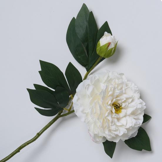 Artificial Peony with Green Leaves 2 Head Realistic Fake Silk Flower