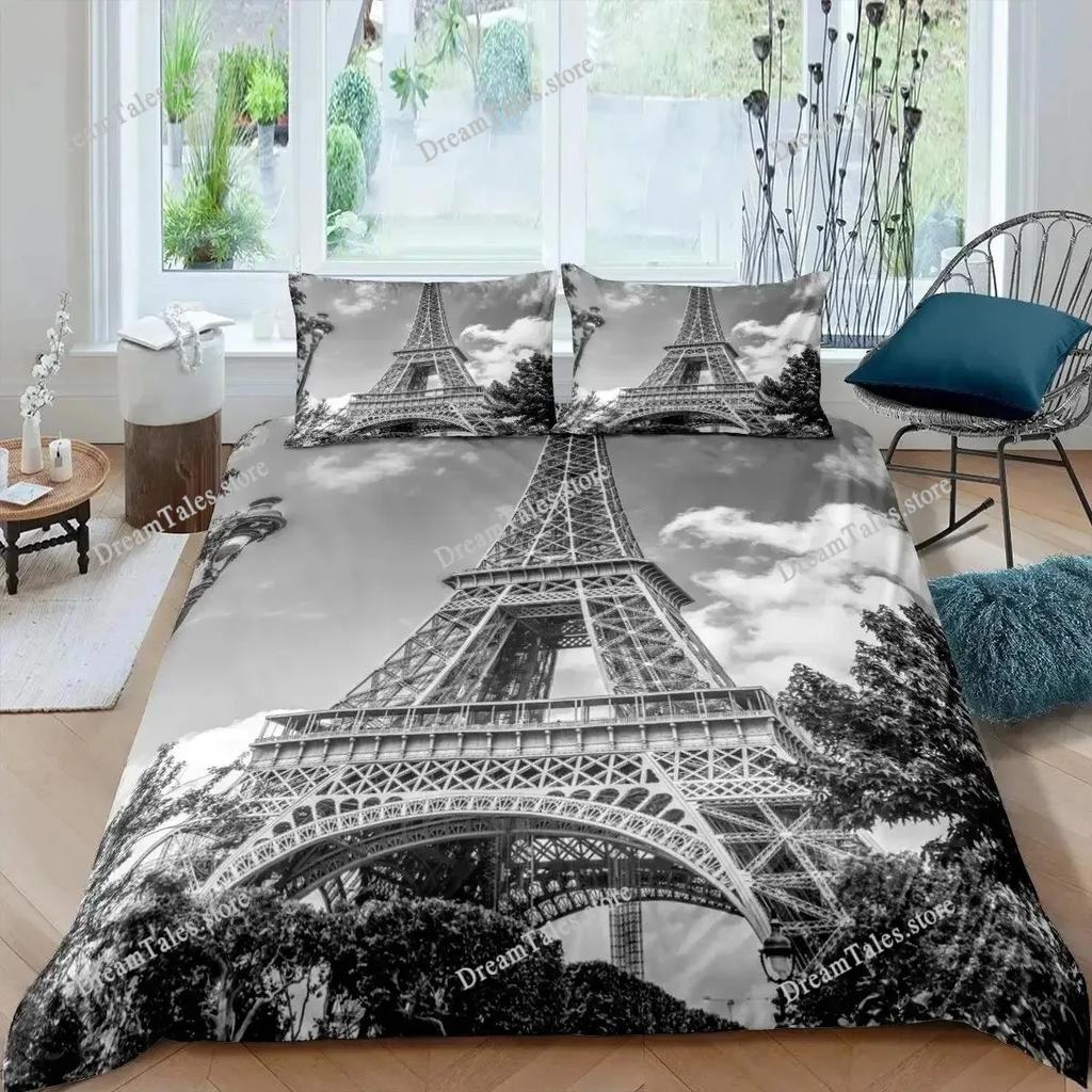 Vintage Eiffel Tower Duvet Cover Set Modern 3D Paris Theme Bedding Sets World Famous City Landscape Comforter Cover Quilt Cover7