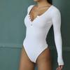 Kombinezon z dzianiny z długim rękawem i klamrą do paznokci w stylu europejskim i amerykańskim, damski, nowy, elastyczny, otwarty, obcisły kombinezon