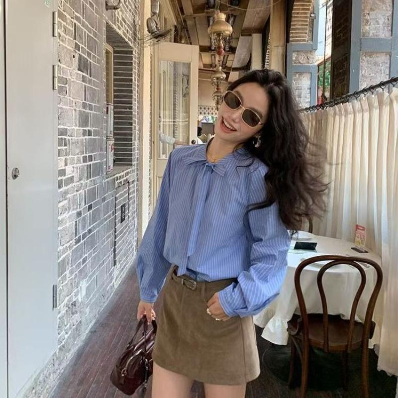 Blue Striped Women's Shirt Bow Design Fashionable Long Sleeved Shirts Commuting Style Ladies Waist Cinched Design Top