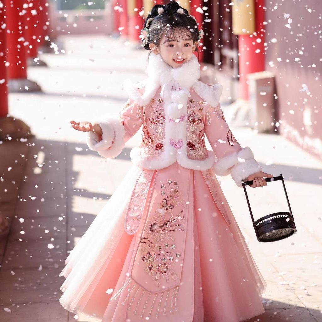 Girls' Velvet Hanfu Winter Outfit - Chinese New Year 2025 Tang Suit Costume