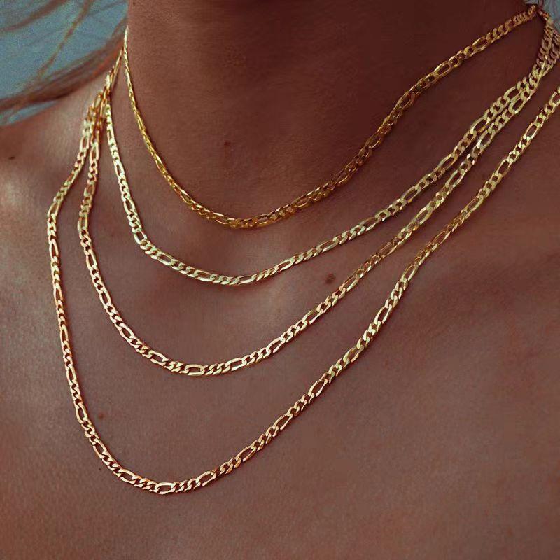 Gold Plated PVD 18K Figaro Chain Necklace Female Stainless Steel Solid Link Choker Necklace Layered Women Girls 14" 18" 20" 24"