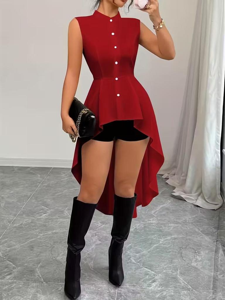 Women's Stand Collar Sleeveless High-Low Hem Shirt with Cinched Waist