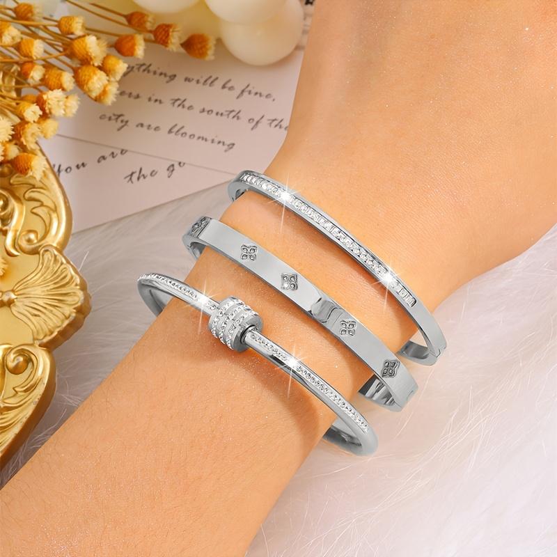 high quality3pcs of Light Luxury Elegant Stainless Steel Various Fashion Bracelet Combination Set Classic Match, Suitable for Daily Stacking, Holiday