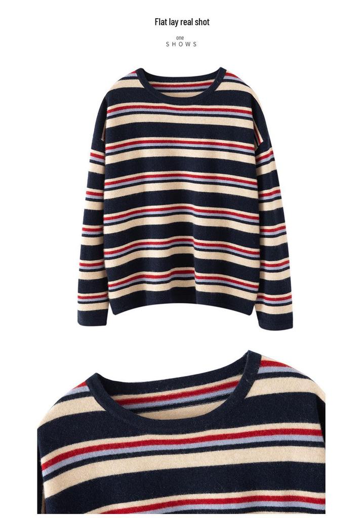 Women's Colorful Striped Cashmere Sweater – Round Neck, Loose Fit, Long Sleeve Knit Base Layer for Autumn/Winter