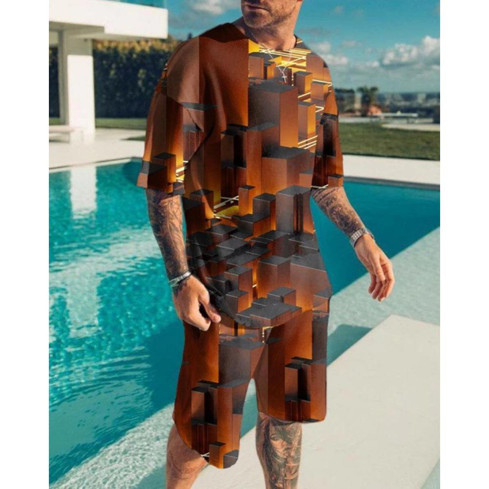 Summer Men's O-Neck Short Suit Sleeve coatGeometric Pattern Print 3D Sportswear Casual Oversized Top Shorts Breathable Sportswea