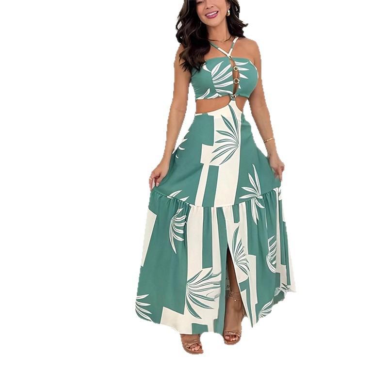 European and American women's clothing, new spring models, sexy printed suspender hollow long split dress