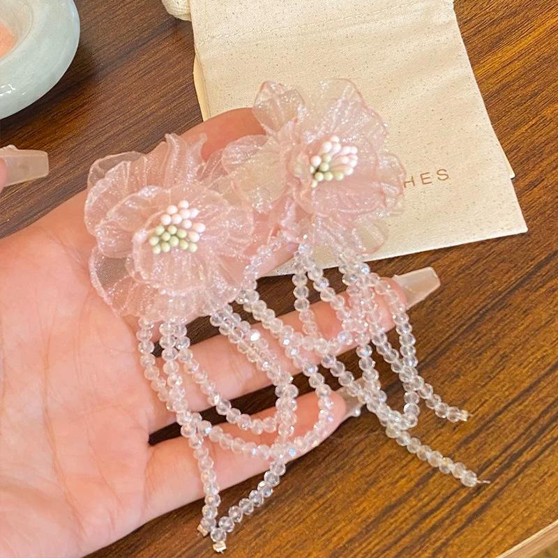 Super fairy sweet mesh flower fringed crystal long earrings women, silver needle small fresh earrings earrings